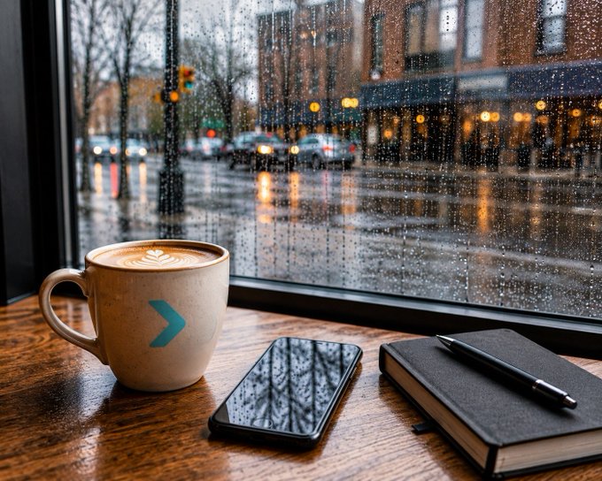 A latte with foam art sits on a wooden table beside a smartphone and a black notebook with a pen, while rain-streaked windows reveal a blurred city street scene outside. The phone's reflection hints at the Bitget Wallet app, tying together the cozy café moment with the post's message about having "Bitget Wallet in your pocket."
