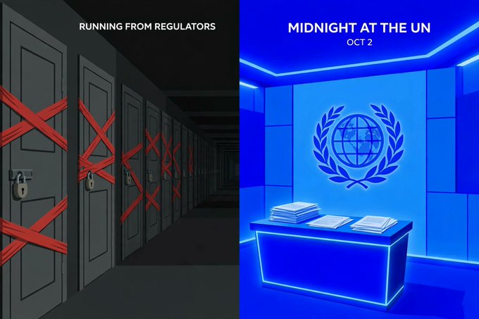 A split promotional image with two titles: 'RUNNING FROM REGULATORS' showing doors barricaded with red tape, and 'MIDNIGHT AT THE UN' showing a blue-lit room with the UN logo.