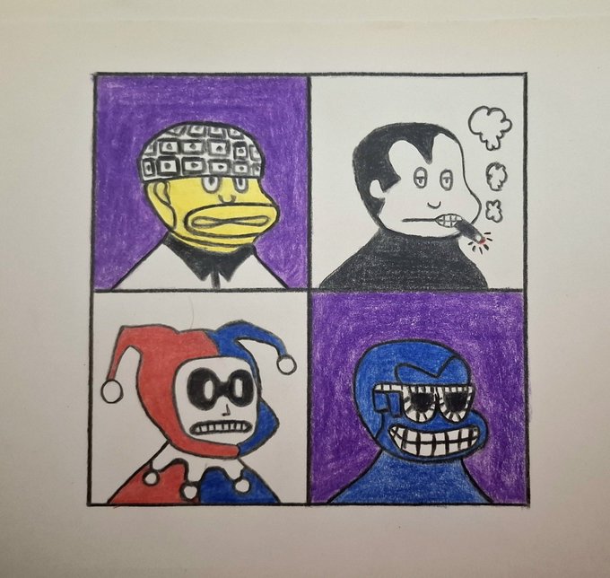 A hand-drawn four-panel illustration featuring cartoon characters: a figure with a bandana, a smoking vampire-like character, a jester, and a blue grinning character, with purple backgrounds in alternating panels.
