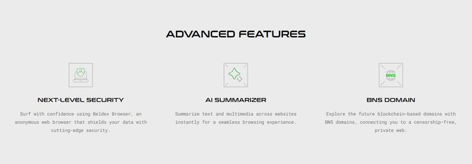 A clean white webpage section titled 'ADVANCED FEATURES' highlighting three services: 'NEXT-LEVEL SECURITY' (Beldex Browser), 'AI SUMMARIZER', and 'BNS DOMAIN'.