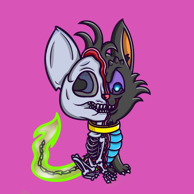 A cartoon illustration on a bright pink background depicting a creature that is half-skeletal rabbit and half-dark horned feline with a glowing blue eye, wearing a yellow collar and chained to a glowing green ghost-like wisp.