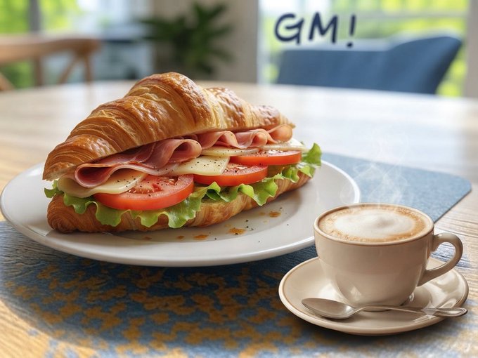 A flaky croissant sandwich filled with ham, cheese, and fresh tomato slices sits on a white plate beside a cup of cappuccino, with 'GM!' written on the window in the background.