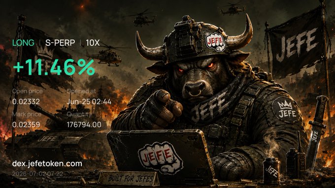 A cinematic digital illustration features an anthropomorphic bull dressed as a soldier, sitting at a laptop and pointing at the viewer, embodying the "JEFE" persona mentioned in the post. The image displays trading data for a "LONG S-PERP" position showing a +11.46% gain, alongside the website dex.jefetoken.com and various "$JEFE" branding.