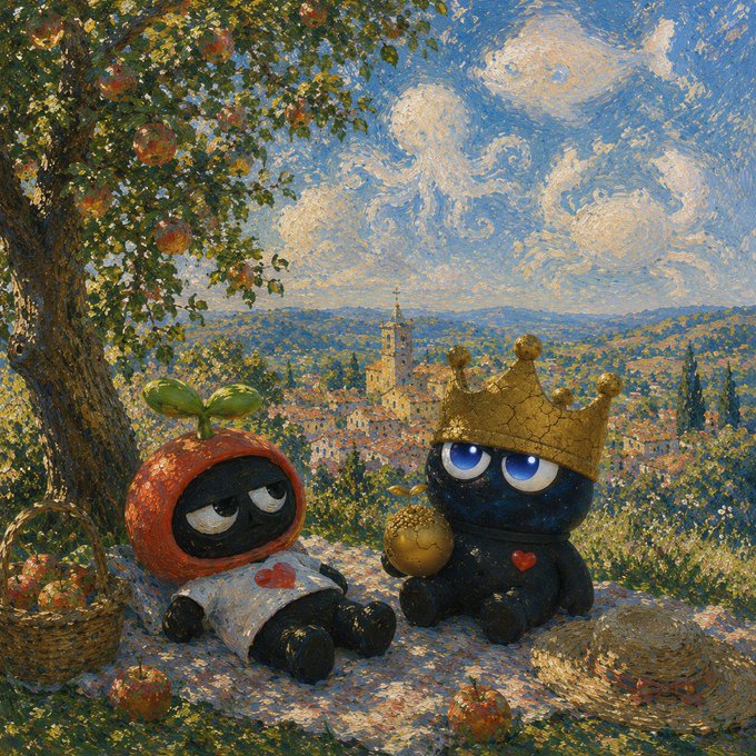 AI-generated artwork mimicking Van Gogh's post-impressionist style, depicting two cute black characters—one wearing a tomato costume with a sprout and another wearing a golden crown—picnicking in a pastoral landscape.
