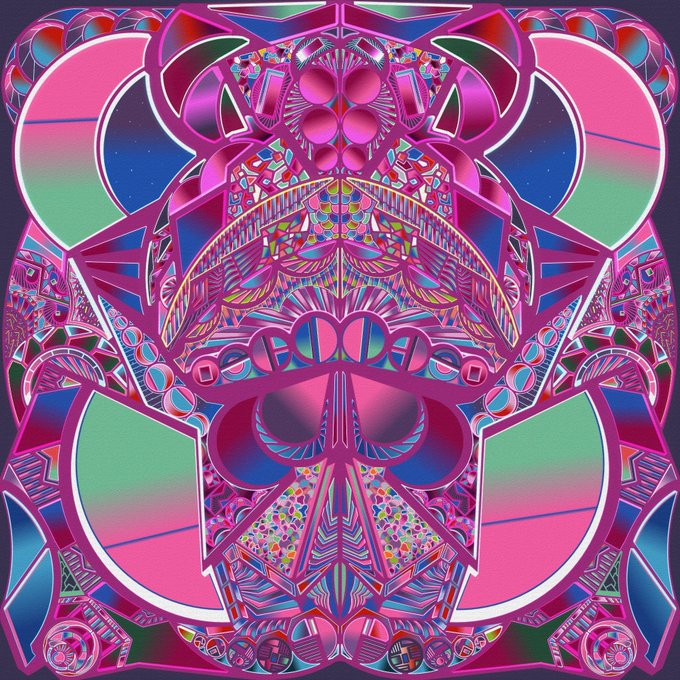 The image features a large, colorful abstract design with various shapes and patterns, including circles, lines, and other geometric elements. The background of the image is dark purple, which contrasts with the pink and green colors used for the design. The design appears to be a digital art piece or an illustration, possibly created using a computer program like Photoshop. The post that accompanies this image reads: "Ascent On Manifold! 0.2E". This suggests that the image is part of a larger collection or series related to the artist's work or theme.