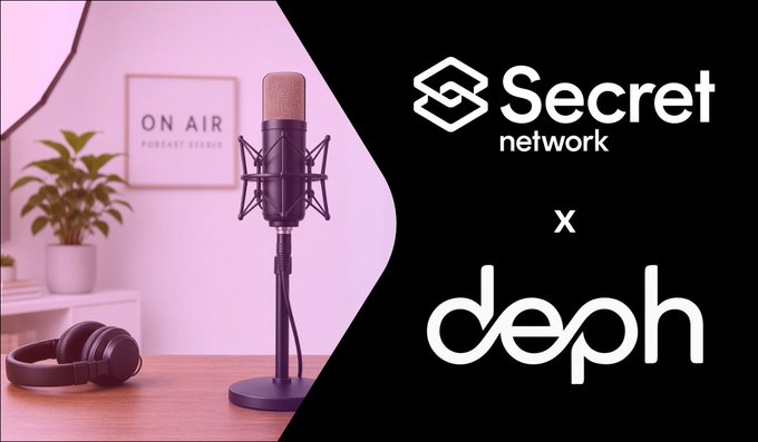 A promotional graphic featuring a podcast microphone setup with an "ON AIR Podcast Studio" sign, alongside the Secret Network logo and the 'deph' logo indicating a collaboration.