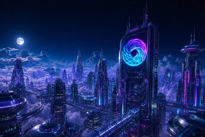 A futuristic neon-lit cityscape with towering skyscrapers, a glowing spiral emblem on the central building, and a moonlit sky mirrors the ambitious vision of LinqProtocol's decentralized compute marketplace—reflecting a high-tech, forward-looking infrastructure rising above the clouds.