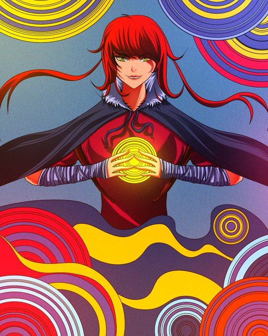 An illustration of a red-haired anime character in a red outfit holding a glowing yellow orb, set against a vibrant background of swirling colorful psychedelic patterns.