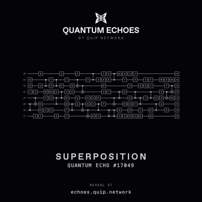 A graphic for "QUANTUM ECHOES BY QUIP NETWORK" showing a quantum circuit diagram on a black background with "SUPERPOSITION" and "QUANTUM ECHO #17049" text.