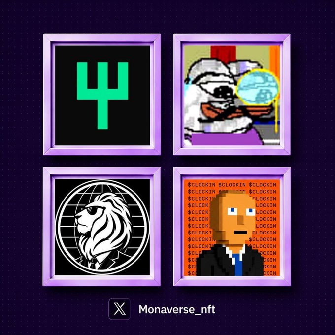 NFT collection showcase for Monaverse_nft on X, featuring four purple-framed images including a digital 4, a duck character, a lion globe logo, and a pixel art character with $CLOCKIN background.