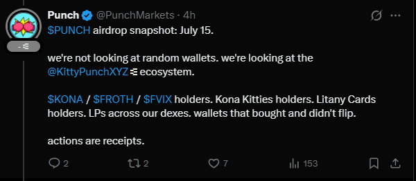 The image shows a screenshot of a Twitter post from Punch Markets. The post contains text that reads, "Looks like a perp dex is coming to @AbstractChain. Interesting model that rewards losing more than winning.. Not sure if it will work on Abstract tho, since it' s mostly winners here. They are airdropping their token if you participated in their eco or hold their assets." The post also mentions the hashtag "#punchmarkets" and "@ Punch Markets".