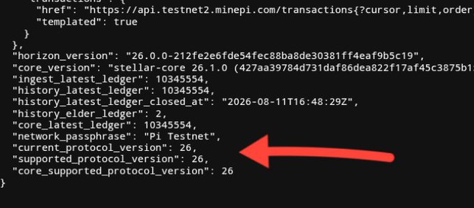 A JSON response from a Stellar network API (Pi Testnet) showing version information, with a red arrow pointing to the 'current_protocol_version' field set to 26. Visible text includes 'horizon_version', 'core_version', 'ingest_latest_ledger', and 'network_passphrase'.