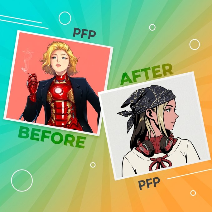 An anime-style 'BEFORE' and 'AFTER' PFP (profile picture) comparison shows a blonde character in a red and gold suit on the left, and a different character with a patterned bandana and red headphones on the right, against a colorful sunburst background.