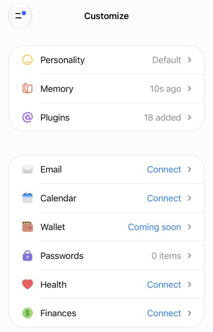 A mobile app customization screen displays options for Personality, Memory, Plugins, and integration connections for Email, Calendar, Wallet, Passwords, Health, and Finances.
