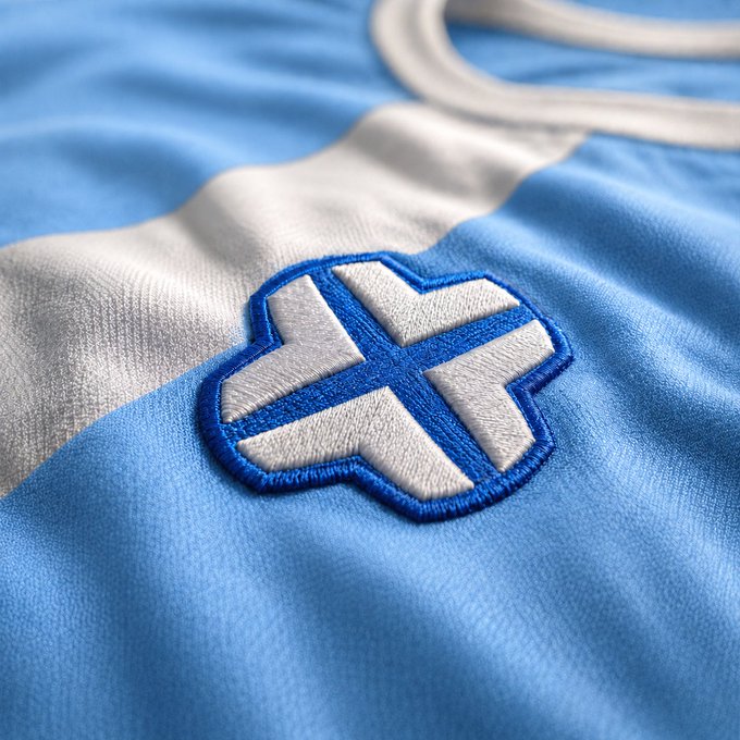 A light blue soccer jersey featuring an embroidered white and blue cross-shaped crest, posted as a "gm" greeting to the community.