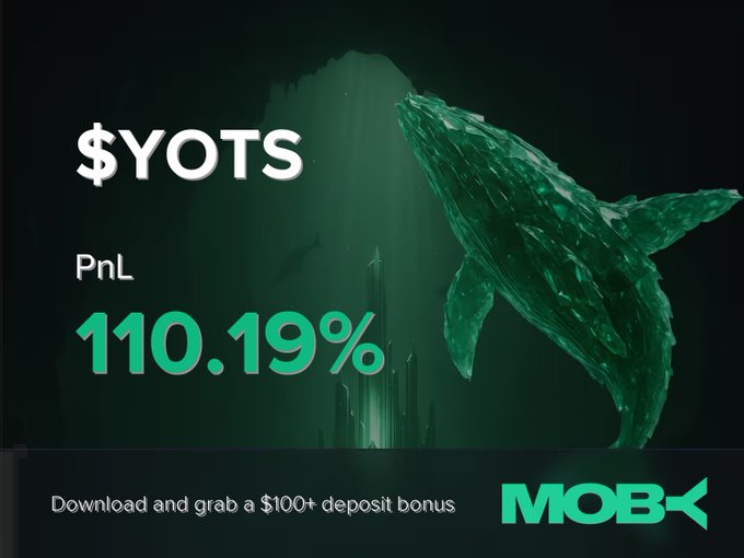 The image is a promotional graphic from Moby featuring a green, low-poly whale underwater alongside text displaying "$YOTS" with a PnL of 110.19%, illustrating a winning trade alert for the YOTS token. A bottom banner offers a "$100+ deposit bonus" to download the Moby app.