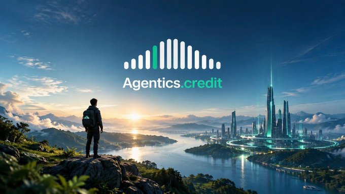 A digital illustration of a person looking at a futuristic city, with the text 'Agentics.credit' and a soundwave-like logo.