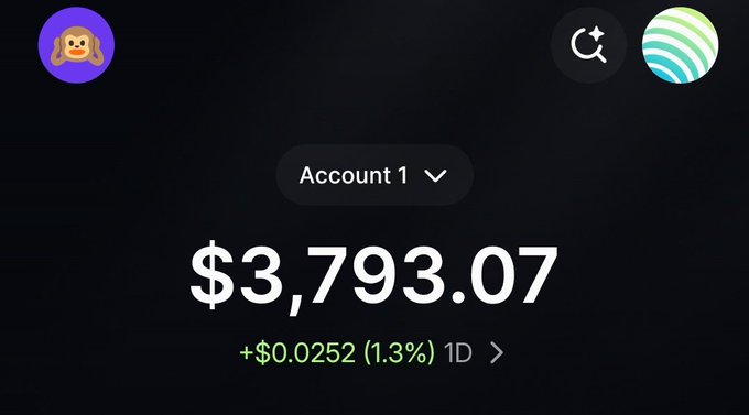 A cryptocurrency account screenshot showing a balance of $3,793.07 with a daily increase of $0.0252 (1.3%).