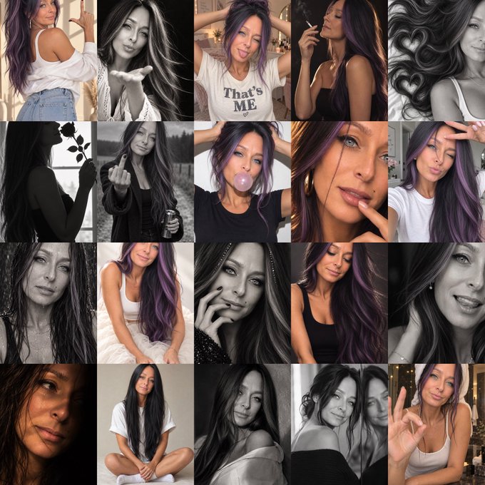 A 4x5 photo collage featuring various black-and-white and color portraits of a woman with long dark hair and purple highlights, posing in different outfits and settings.