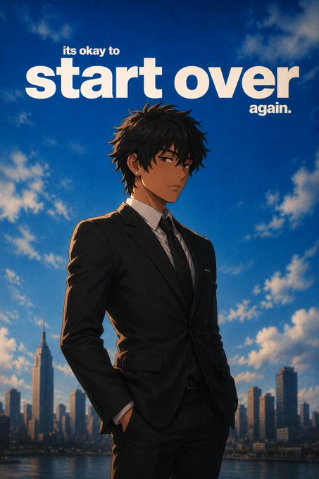 An anime-style man in a black suit standing by a waterfront city skyline under a blue sky, with the text "its okay to start over again."