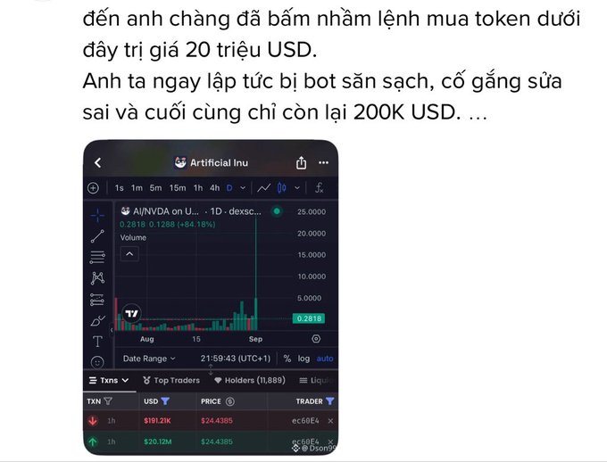 A Vietnamese text post about accidentally buying a $20 million token, showing a Dexscreener chart for 'Artificial Inu' (A/INU) on the Solana blockchain with a price of $24.4385.