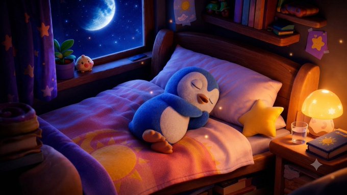 A cozy digital illustration shows a blue penguin character peacefully sleeping in a bed with starry curtains, a glowing moonlit window, and a warm mushroom-shaped night lamp.