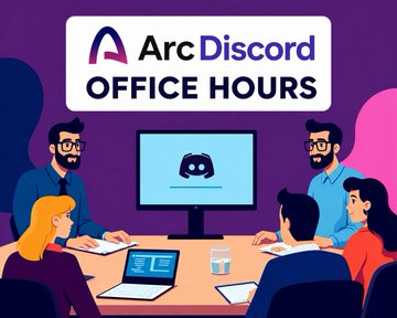 Promotional graphic for 'Arc Discord OFFICE HOURS' featuring a cartoon illustration of people gathered around a table with a monitor displaying the Discord logo.