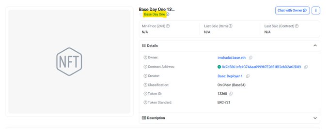 An NFT details page for 'Base Day One 13...' showing owner address 0x7d5861cfe1C74Aaa0999fc7E2651B2b603A62D89, on-chain (Base64) classification, Token ID 13368, using ERC-721 standard.