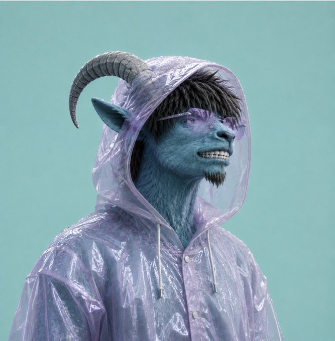 A blue-furred goat-human hybrid character wearing a translucent raincoat and purple sunglasses smiles against a mint background, fitting the playful, anthropomorphic "Jerry the Goat" NFT concept. The image embodies the quirky, stylized aesthetic proposed for the OpenSea collection.
