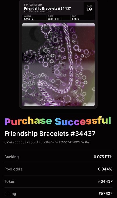 "Purchase Successful" screen for Friendship Bracelet #34437 by Alexis André, an FWA-certified NFT backed with 0.075 ETH and listed as #57632, featuring intricate purple and silver coiled bead designs. The successful transaction confirmation directly supports the post's announcement of acquiring a first FWA NFT from Art Blocks for personal enjoyment of digital art.