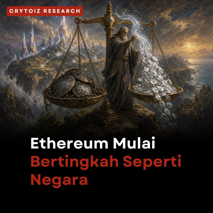 A fantasy illustration with the text 'CRYTOIZ RESEARCH' and 'Ethereum Mulai Bertingkah Seperti Negara', depicting an elderly figure weighing orbs and coins on a golden scale.