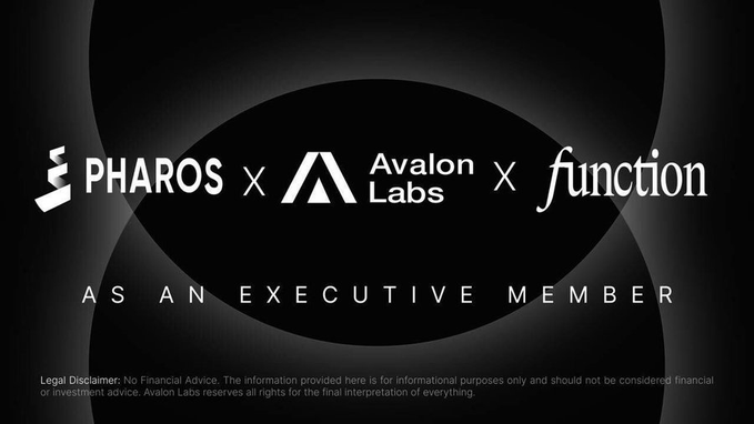 A black graphic featuring logos for 'PHAROS', 'Avalon Labs', and 'function' with the text 'AS AN EXECUTIVE MEMBER' and a legal disclaimer at the bottom.