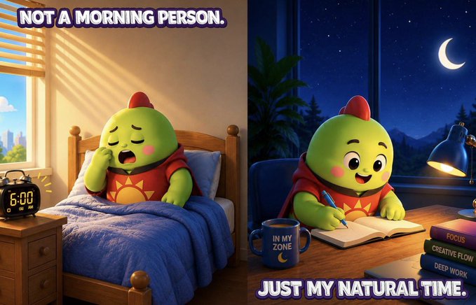 A cute green cartoon character yawns while struggling to wake up at 6:00 AM in a sunny bedroom, contrasted with the same character happily writing at a desk under a crescent moonlit sky, with a mug reading "IN MY ZONE" and books labeled "FOCUS," "CREATIVE FLOW," and "DEEP WORK." The caption "NOT A MORNING PERSON" appears on the left, while "JUST MY NATURAL TIME" is displayed on the right, illustrating the contrast between difficult early mornings and productive late-night hours—mirroring the post's message about finding personal optimal rhythms beyond just sleep.