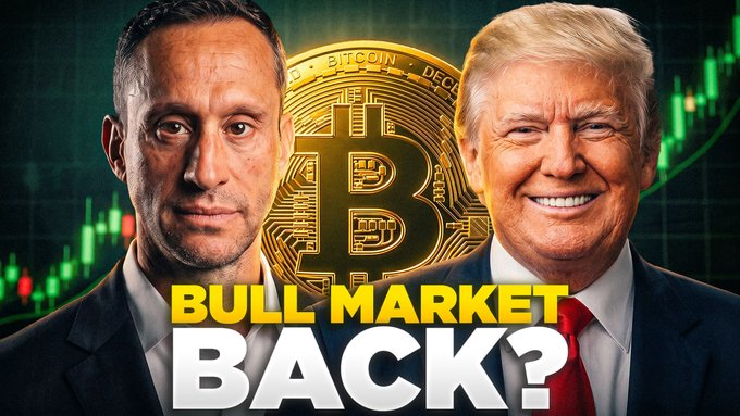 This image features a Bitcoin symbol and two men, one of whom appears to be Donald Trump, with the text "BULL MARKET BACK?". The imagery and text directly relate to the accompanying post discussing Bitcoin's surge to $72K and a potential bull market.