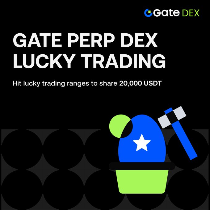Promotional graphic for "Gate Perp DEX Lucky Trading" featuring a blue lucky draw machine with a star and hammer icon, advertising a 20,000 USDT prize pool split into three tiers (5,000, 7,000, and 8,000 USDT) for traders who hit specified lucky trading ranges on the platform.