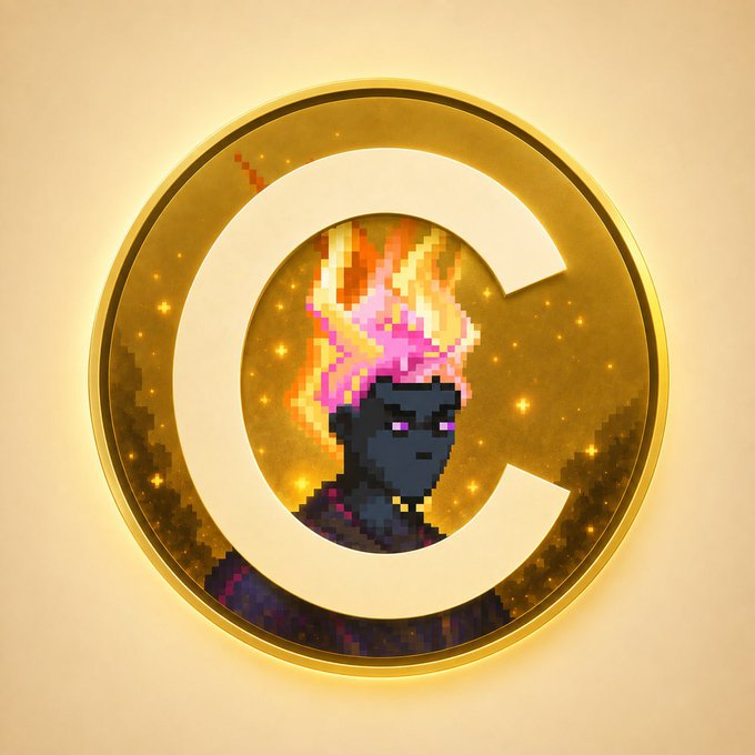 A pixelated character with a flaming pink and orange head and glowing purple eyes sits inside a gold coin frame, with the letter "C" prominently displayed in the center—visually representing the "C" community the post references as a tight-knit, mission-driven group updating their thesis in real time.