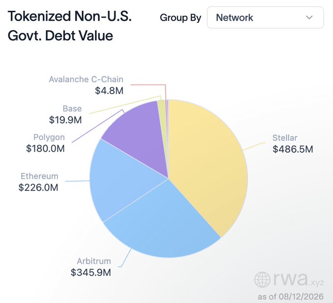 A pie chart titled "Tokenized Non-U.S. Govt. Debt Value" grouped by Network from rwa.xyz, showing Stellar at $486.5M as the largest segment, followed by Arbitrum ($345.9M), Ethereum ($226.0M), Polygon ($180.0M), Base ($19.9M), and Avalanche C-Chain ($4.8M).