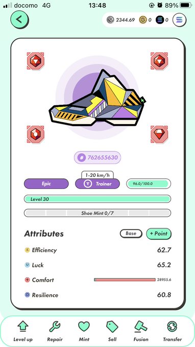A mobile game interface showing a Level 30 'Trainer' sneaker NFT with attributes including Efficiency 62.7, Luck 65.2, Comfort 28955.6, and Resilience 60.8.