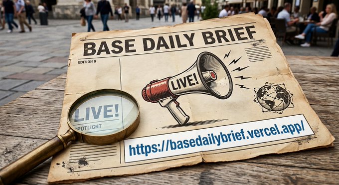 A vintage-style newspaper titled 'BASE DAILY BRIEF EDITION 6' featuring a megaphone illustration with 'LIVE!' and the URL 'https://basedailybrief.vercel.app/' displayed at the bottom.