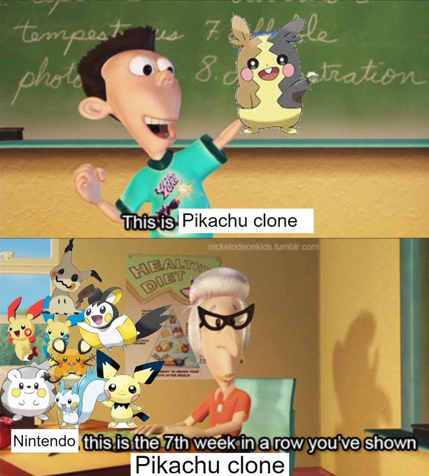 A meme from Jimmy Neutron showing the characters pointing out various Pikachu clone Pokémon (like Pichu, Plusle, Minun, Emolga, Togedemaru, Morpeko), with text reading 'This is Pikachu clone' and 'Nintendo this is the 7th week in a row you've shown Pikachu clone.'