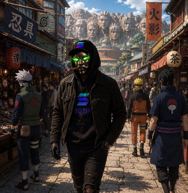 A stylized image of a hooded figure wearing a green-glowing mask and a 'SOLTIP' cap standing in a Naruto-themed village street with Hidden Leaf Village ninja characters.
