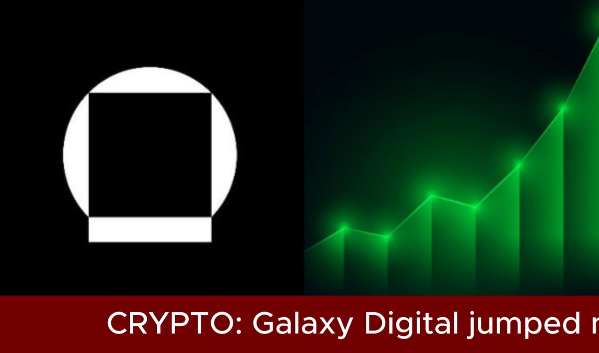 In this image, there are two pieces of graphic art that represent a Cryptocurrency (Bitcoin), specifically the Galaxy Digital cryptocurrency, with one piece being a white circle and the other featuring a green line rising up from it against a dark blue background. The text in the image reads "Crypto::Galaxy Digital jumped nearly 23% Monday", indicating a significant increase in the value of the digital currency over the past week. This visual representation emphasizes the upward trajectory of Galaxy Digital Cryptocurrency, which has grown by an impressive 24.5%.