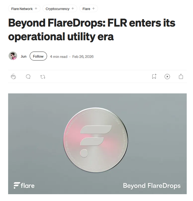A Medium article titled 'Beyond FlareDrops: FLR enters its operational utility era' by Jun, tagged Flare Network, Cryptocurrency, and Flare, featuring a silver Flare coin graphic.
