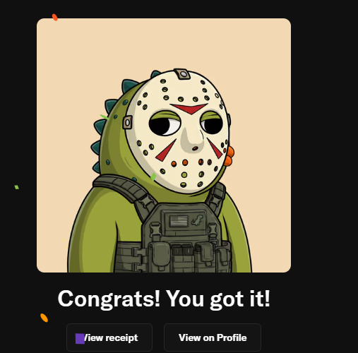 A NFT-style digital artwork featuring a Jason Voorhees-style hockey-masked character in a green tactical vest with the text 'Congrats! You got it!' and buttons for 'View receipt' and 'View on Profile'.