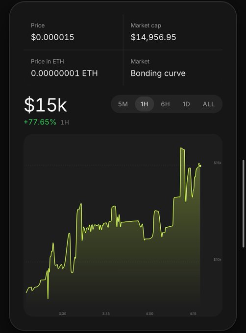 A token chart showing $PINK reaching a $15k market cap (+77.65% in 1H), with a price of $0.000015 on a bonding curve, illustrating the milestone the post celebrates while promising future airdrops at $20k MCAP.