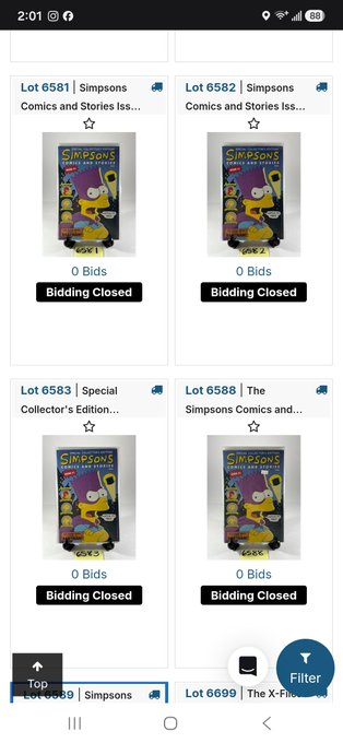 A mobile screenshot of an auction app showing four closed bidding lots for Simpsons Comics and Stories Issues, each marked '0 Bids' and 'Bidding Closed'.
