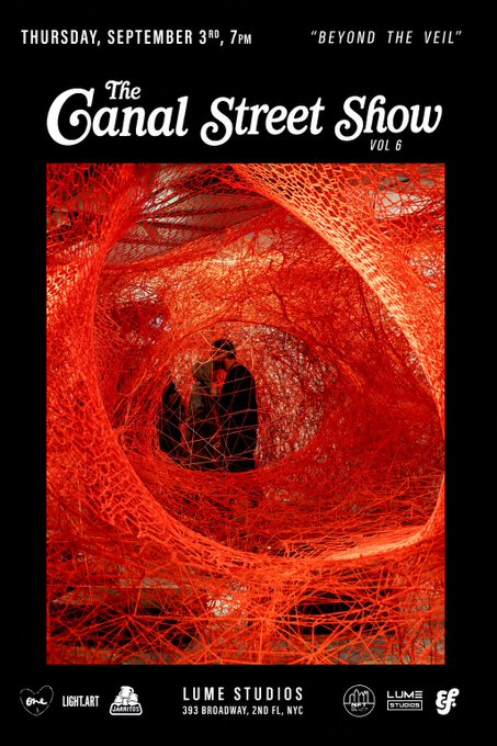 An event poster for 'The Canal Street Show VOL 6' titled 'BEYOND THE VEIL' on Thursday, September 3rd at 7PM at Lume Studios (333 Broadway, 2nd FL, NYC), featuring a figure in a red yarn-like tunnel.
