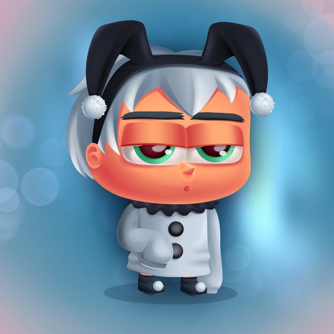 A cute 3D cartoon character with a black jester hat featuring floppy bunny-like ears, white fluffy hair, green eyes, and a white outfit with black buttons stands against a blurred blue background. The image likely represents one of the NFTs from the LilverseHQ collection mentioned in the post, which was originally planned for a Bitcoin launch but is now being offered as a free mint on Robinhood.