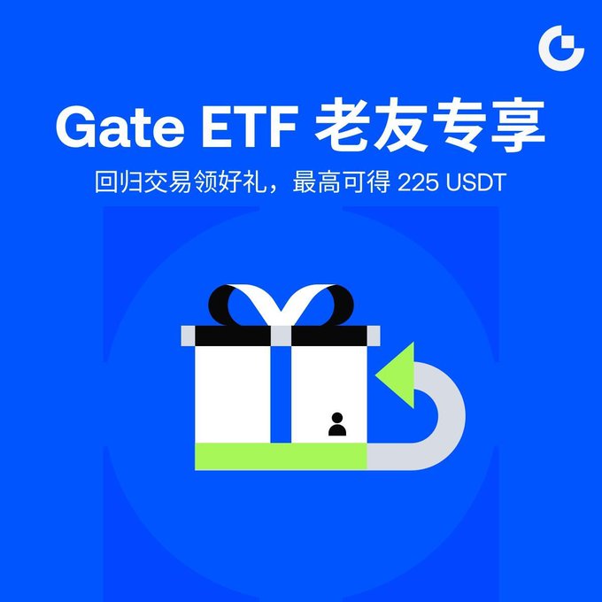A blue promotional graphic for Gate ETF with Chinese text reading 'Gate ETF 老友专享' (Gate ETF exclusive for old friends), offering up to 225 USDT rewards with a gift box icon.
