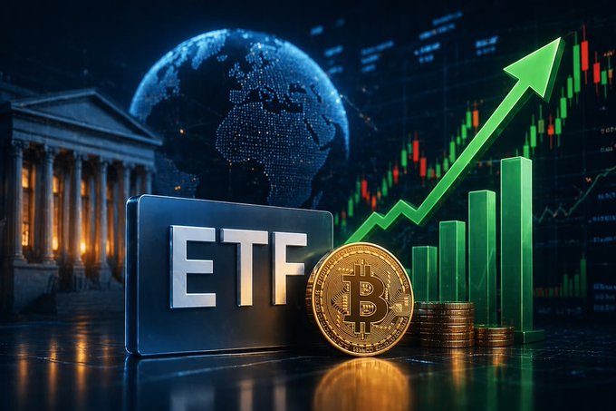 A financial graphic featuring a sign labeled 'ETF' next to a Bitcoin coin and stacks of gold coins, with a green rising arrow and bullish stock chart in the background against a globe and classical building.